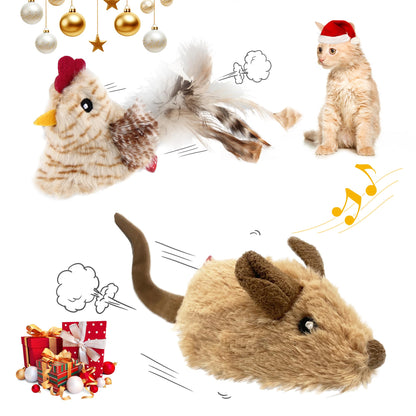Gigwi Interactive Cat Toys for Indoor Cats Cat Mouse Toys 2 Pcs with Electronic Realistic Squeaky Sound Automatic Moving Kitten Toys Electric Mice Toy Self Play Exercise(Brown Ears& Chicken)
